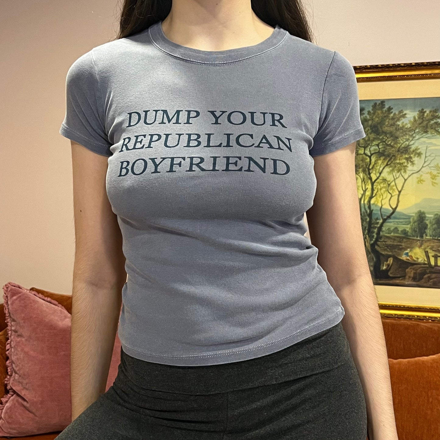 DUMP YOUR REPUBLICAN BOYFRIEND blue t-shirt with navy text (XS/S)