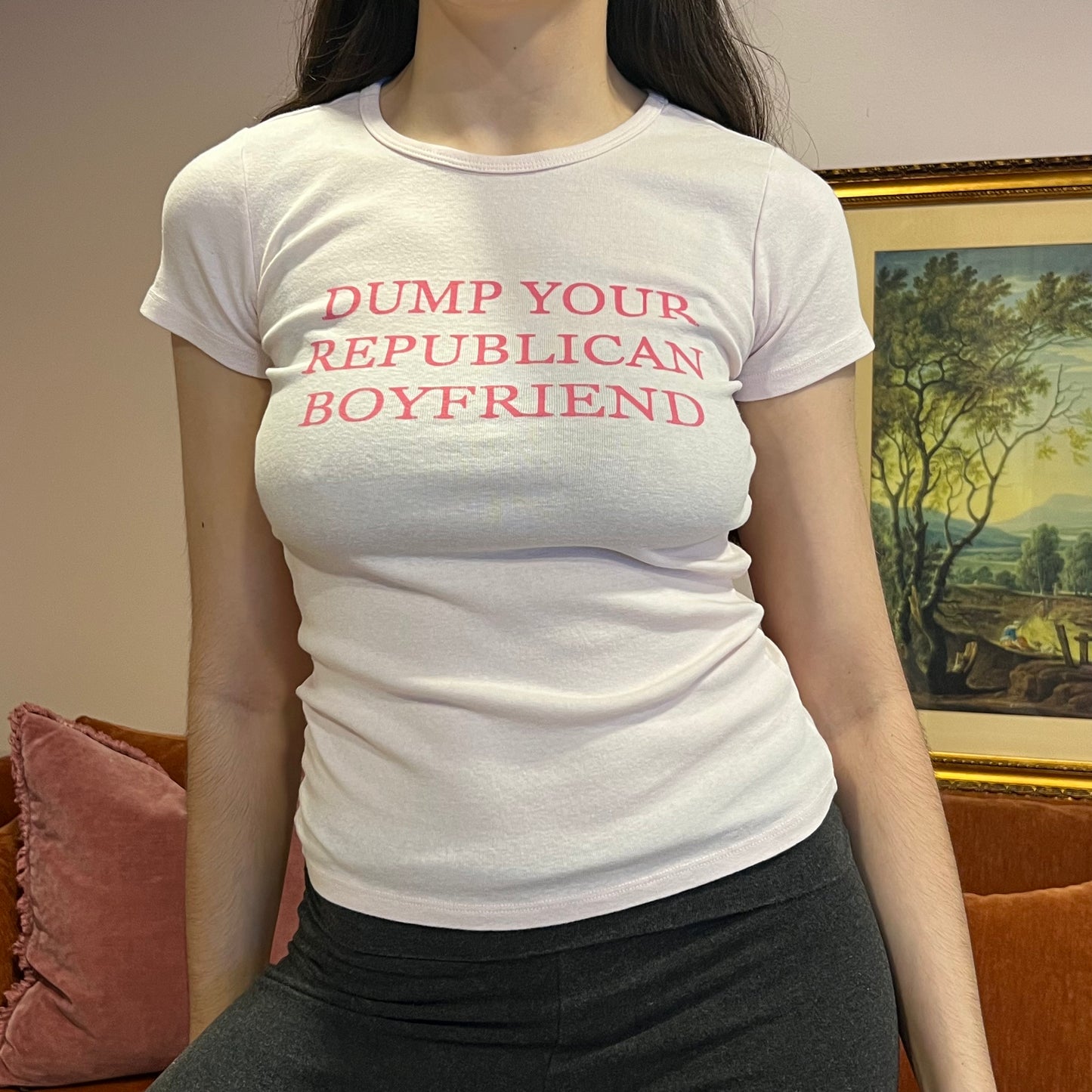 DUMP YOUR REPUBLICAN BOYFRIEND pink t-shirt with pink text (XS/S)
