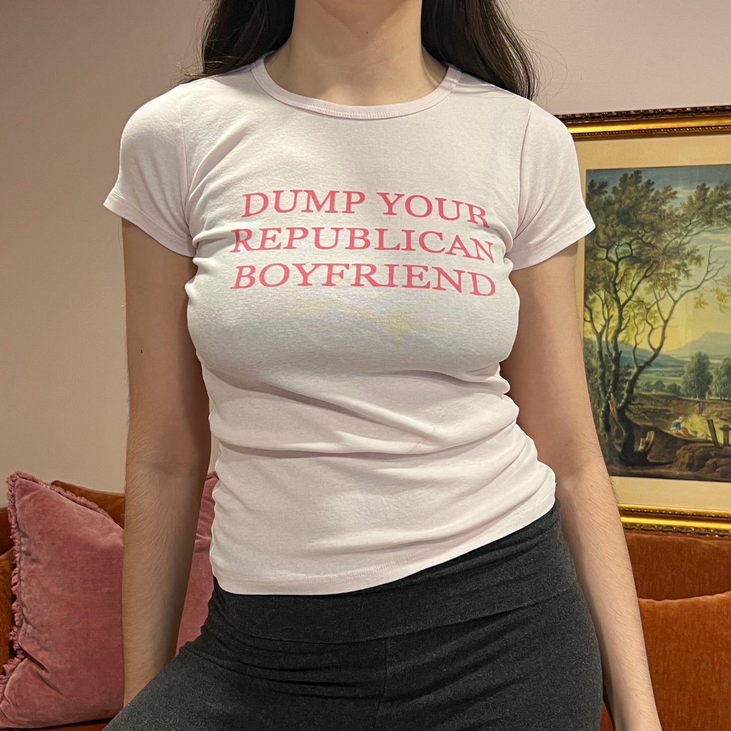 DUMP YOUR REPUBLICAN BOYFRIEND pink t-shirt with pink text (XS/S)