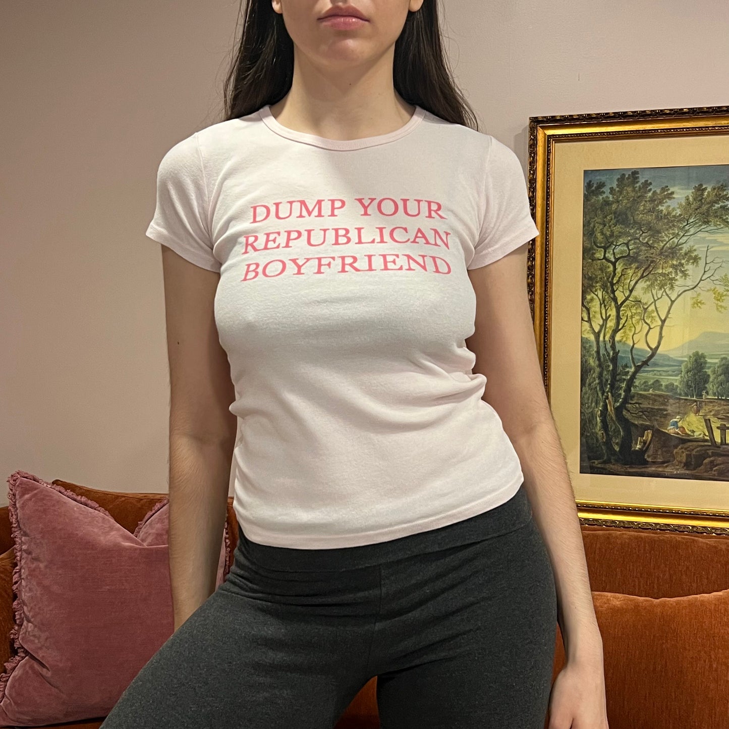 DUMP YOUR REPUBLICAN BOYFRIEND pink t-shirt with pink text (XS/S)