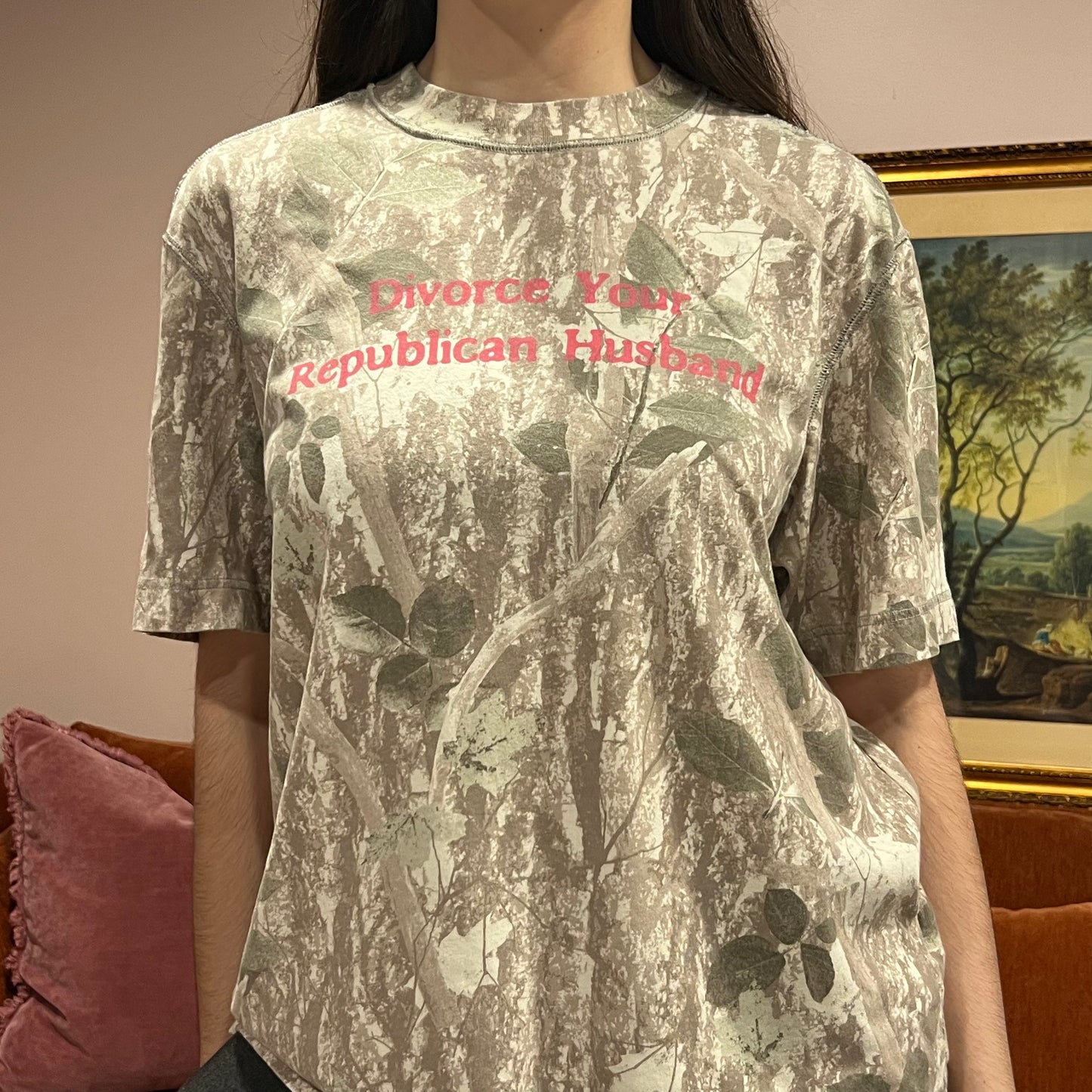 DIVORCE YOUR REPUBLICAN HUSBAND white camo t-shirt with pink text (M)