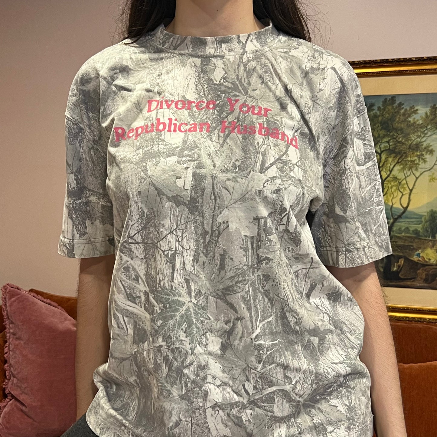DIVORCE YOUR REPUBLICAN HUSBAND white camo t-shirt with pink text (M)