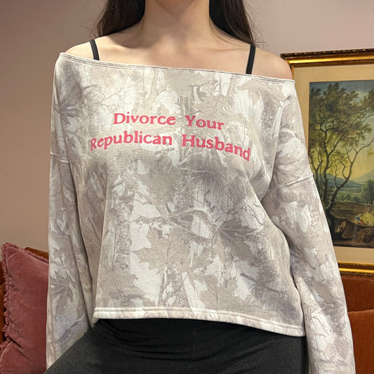 DIVORCE YOUR REPUBLICAN HUSBAND white camo crewneck with pink text (M)