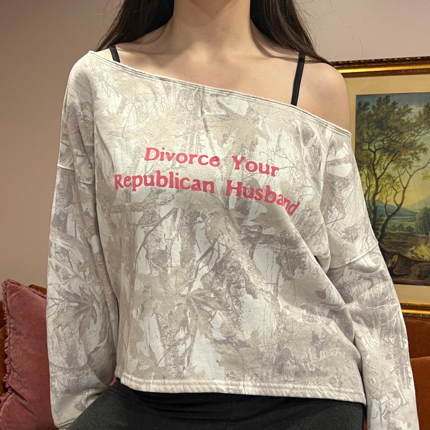 DIVORCE YOUR REPUBLICAN HUSBAND white camo crewneck with pink text (L)