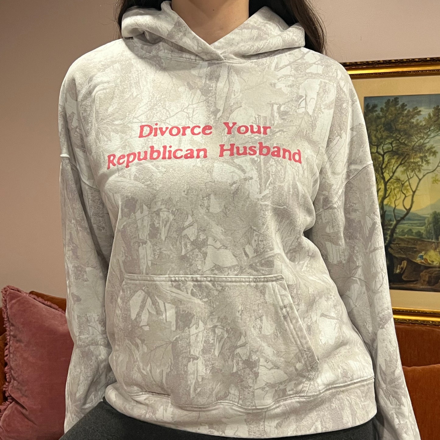DIVORCE YOUR REPUBLICAN HUSBAND white camo hoodie with pink text (S)