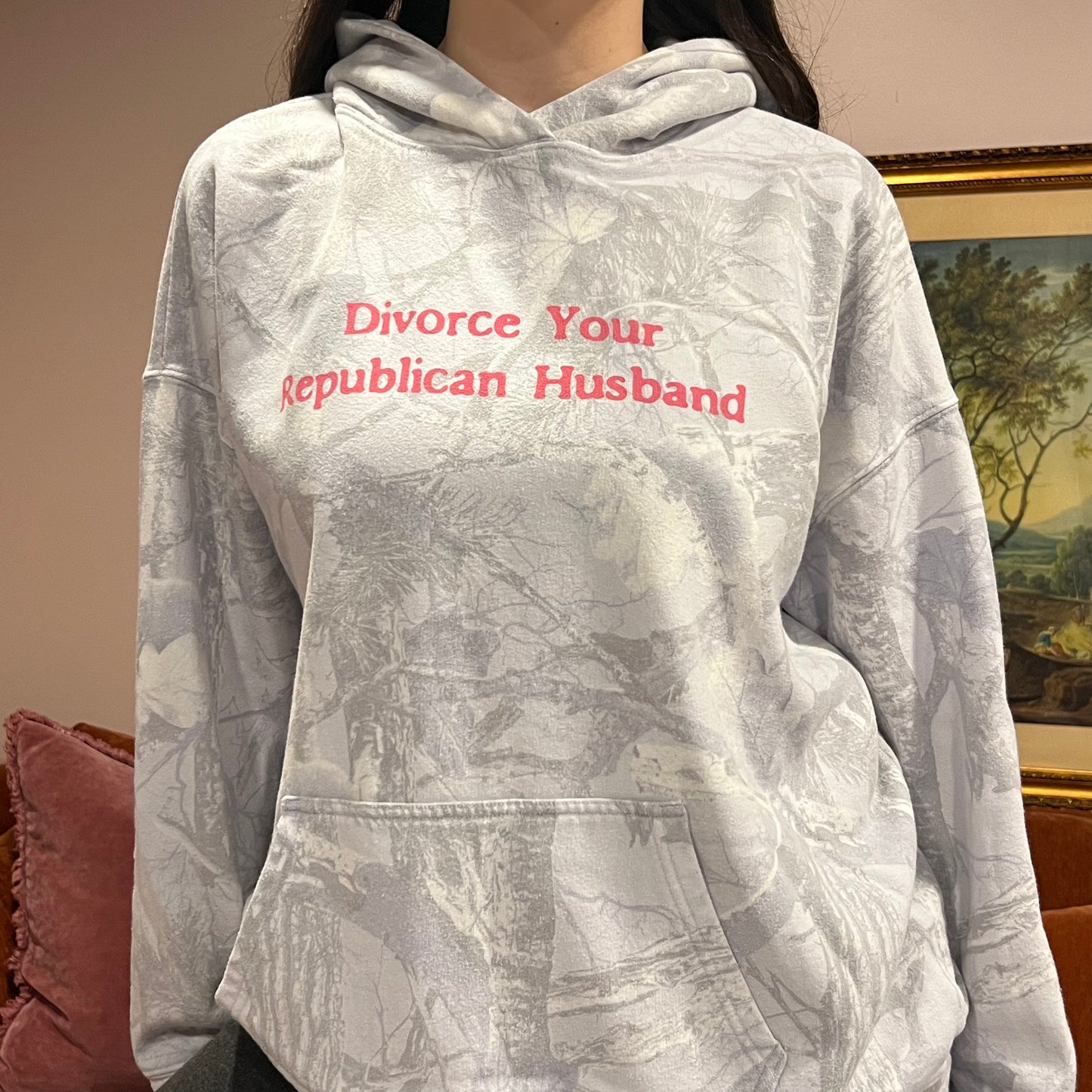 DIVORCE YOUR REPUBLICAN HUSBAND light blue camo hoodie with pink text (L)