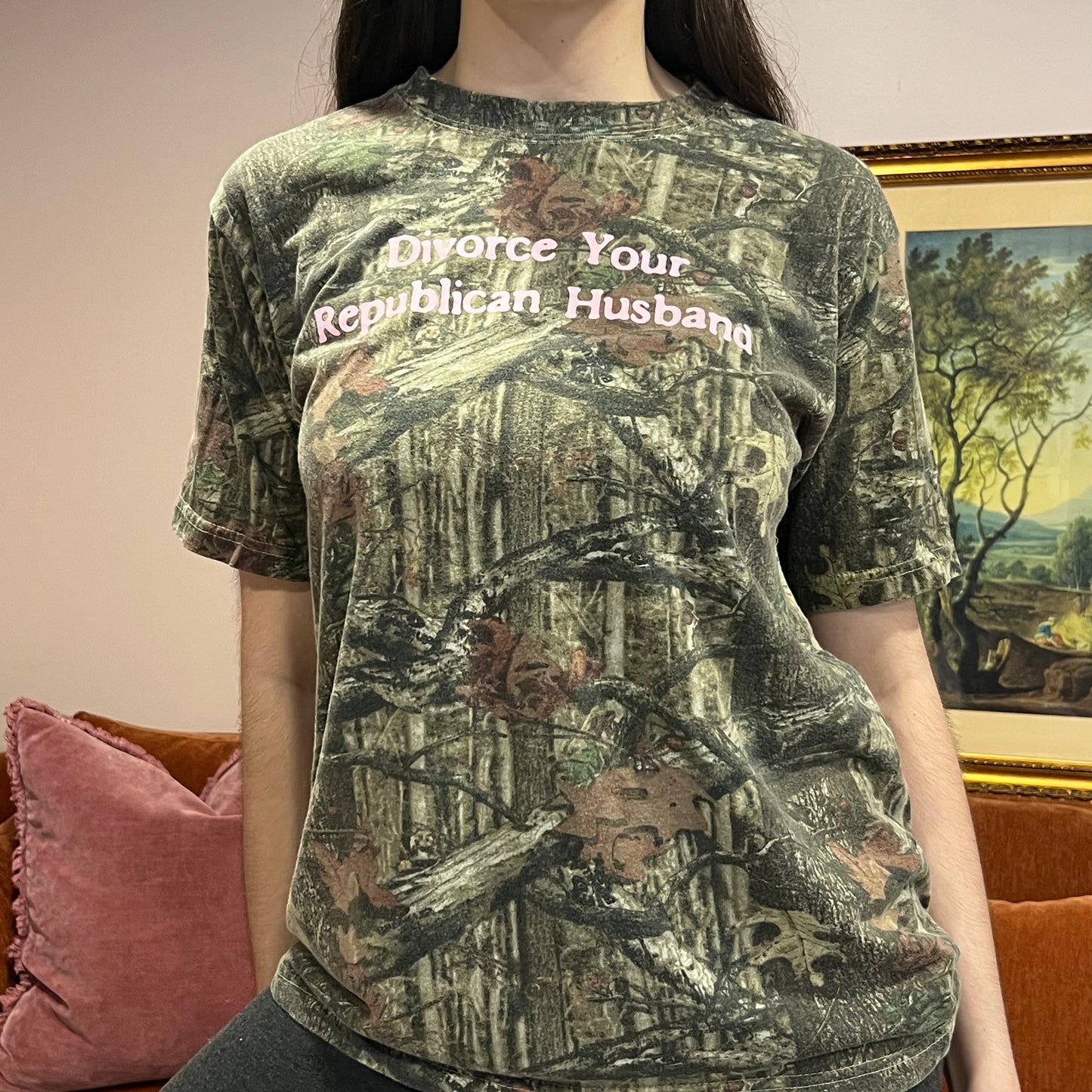 DIVORCE YOUR REPUBLICAN HUSBAND camo t-shirt with pink text (M)