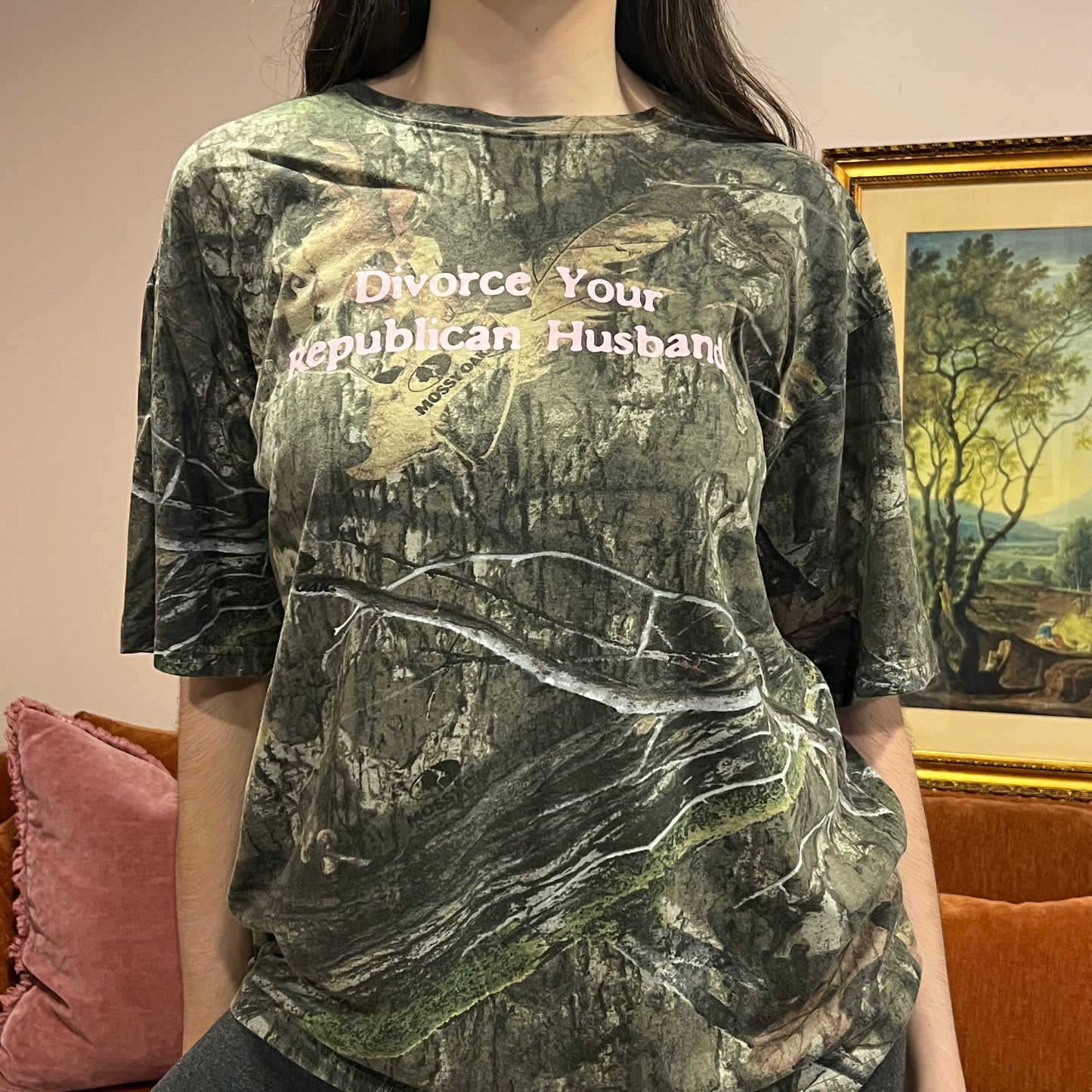 DIVORCE YOUR REPUBLICAN HUSBAND camo t-shirt with pink text (L)