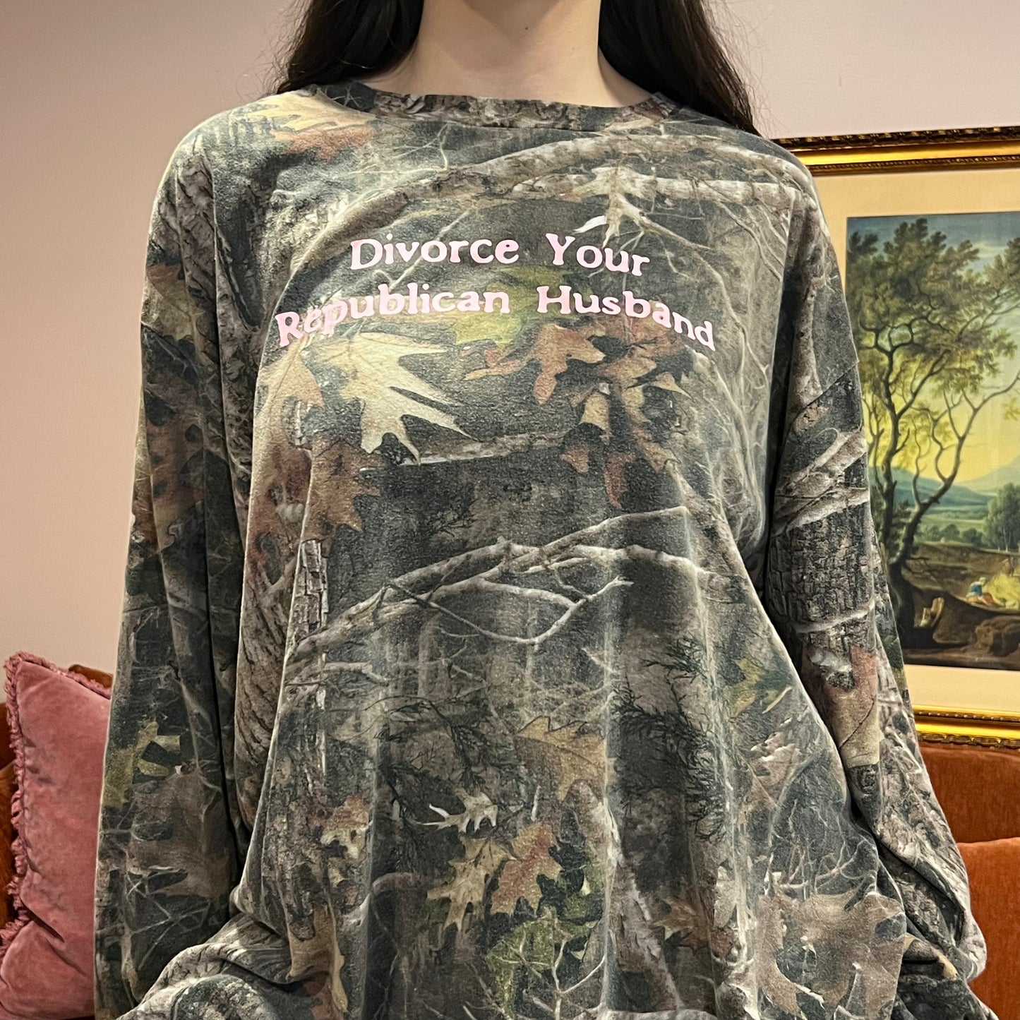 DIVORCE YOUR REPUBLICAN HUSBAND camo long sleeve t-shirt with pink text (XL)