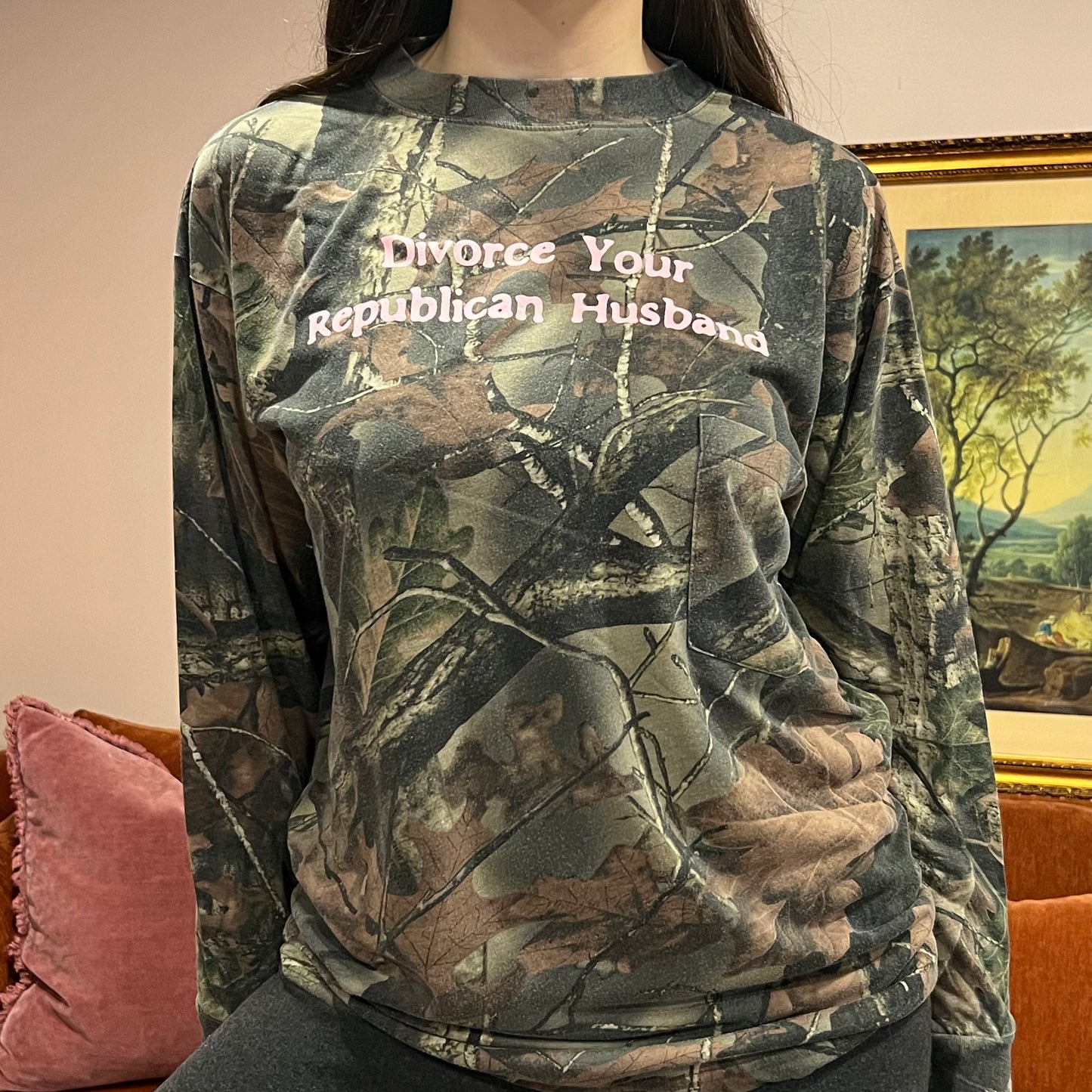 DIVORCE YOUR REPUBLICAN HUSBAND camo long sleeve t-shirt with pink text (L)