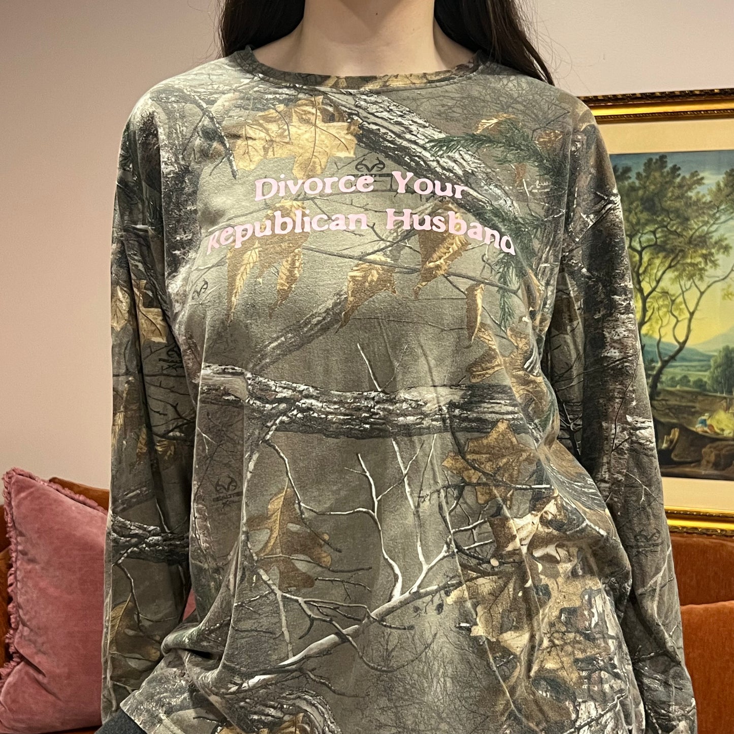 DIVORCE YOUR REPUBLICAN HUSBAND camo long sleeve t-shirt with pink text (XL)