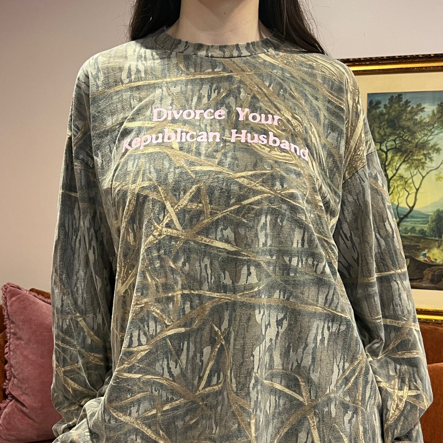 DIVORCE YOUR REPUBLICAN HUSBAND camo long sleeve t-shirt with pink text (2XL)