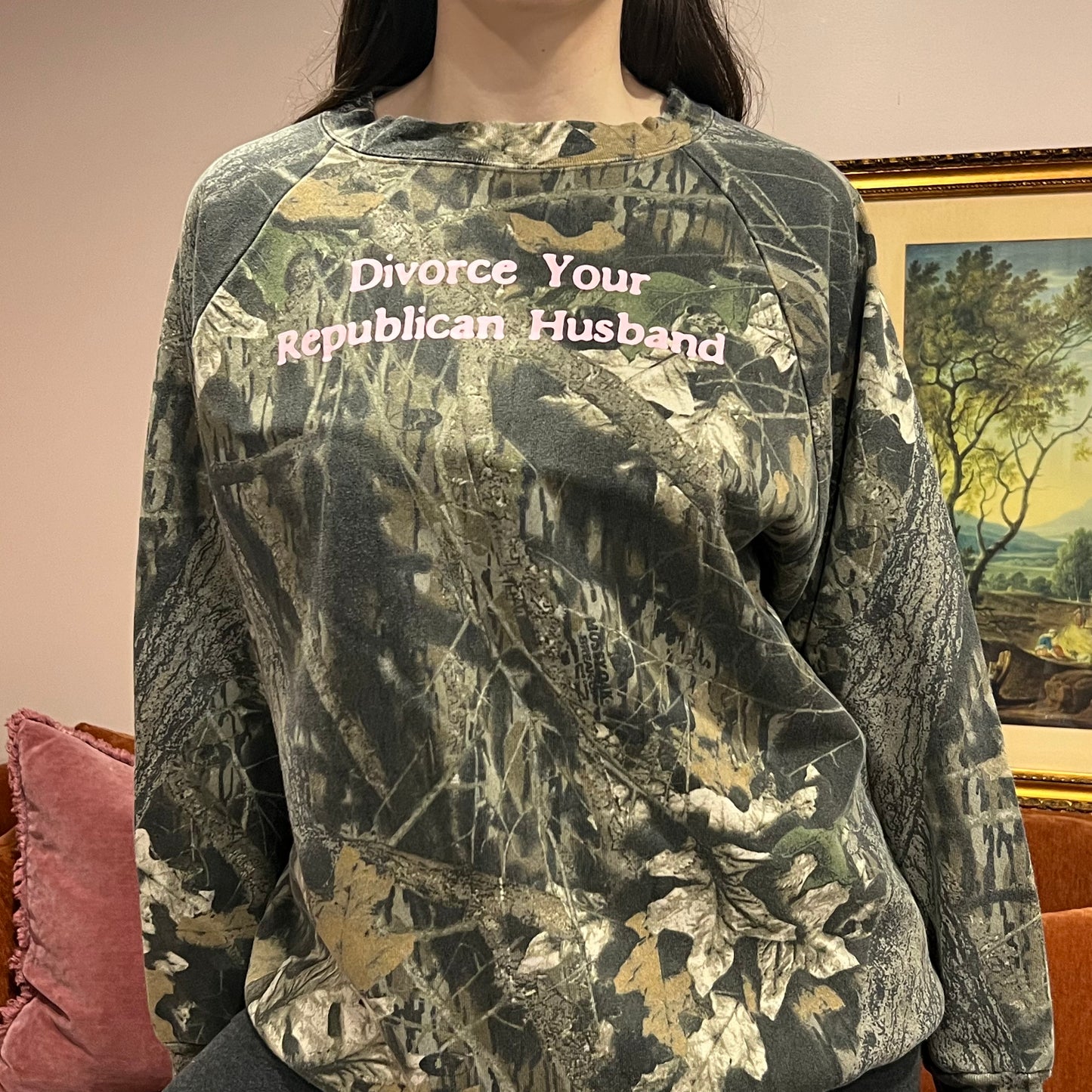 DIVORCE YOUR REPUBLICAN HUSBAND camo crewneck with pink text (L)
