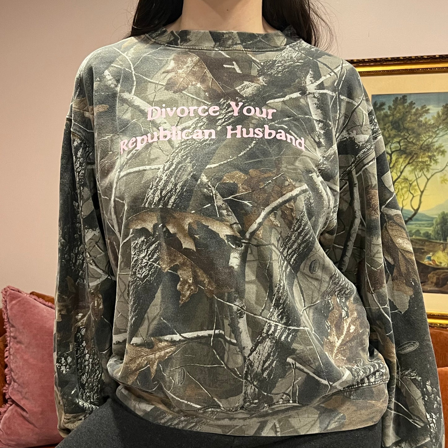 DIVORCE YOUR REPUBLICAN HUSBAND camo crewneck with pink text (L)