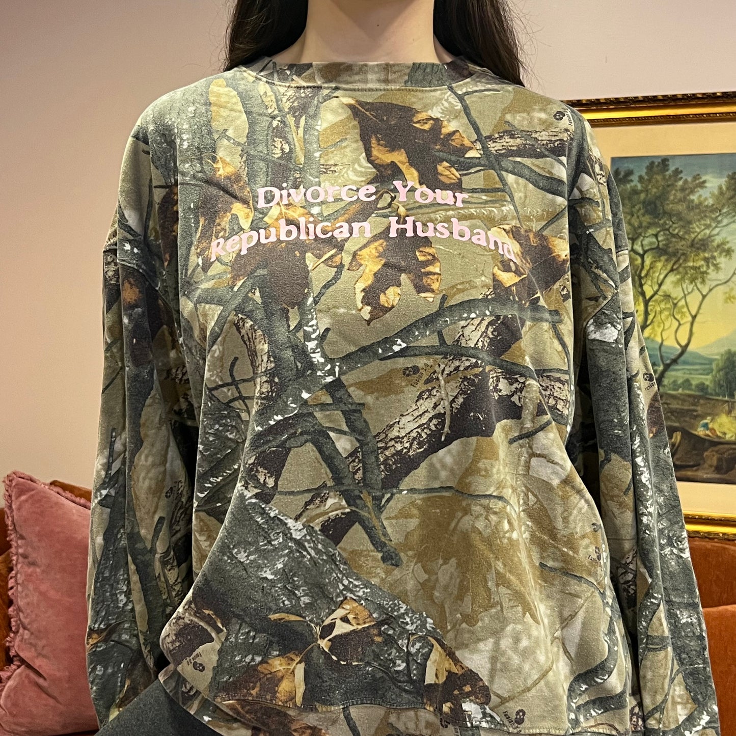 DIVORCE YOUR REPUBLICAN HUSBAND camo crewneck with pink text (2XL)