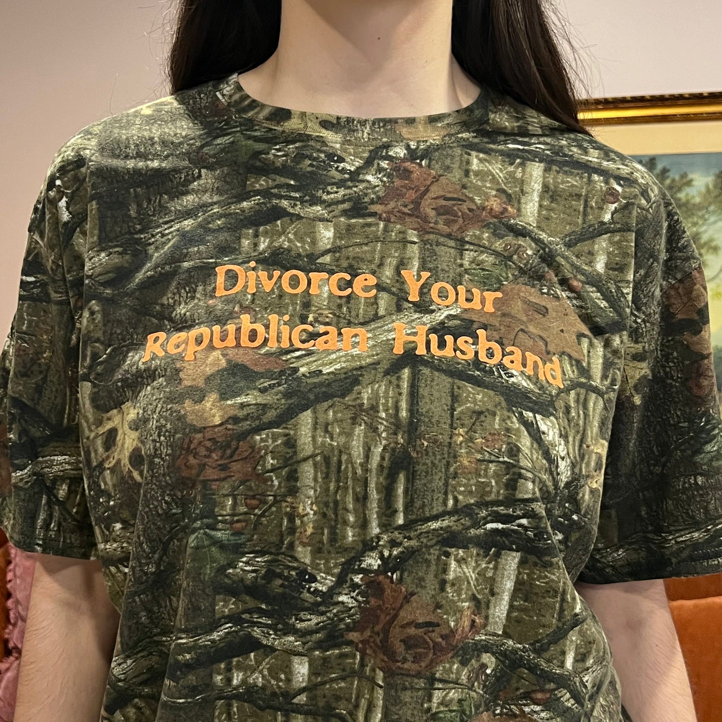 DIVORCE YOUR REPUBLICAN HUSBAND camo t-shirt with orange text (2XL)