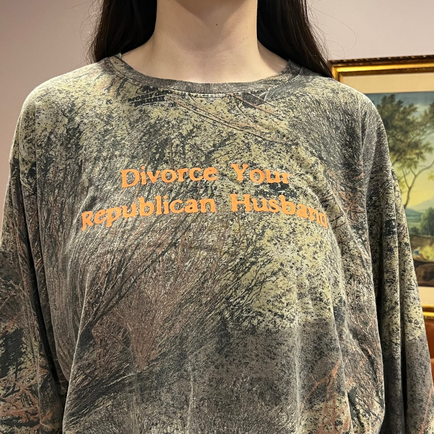 DIVORCE YOUR REPUBLICAN HUSBAND camo long sleeve t-shirt with orange text (2XL)