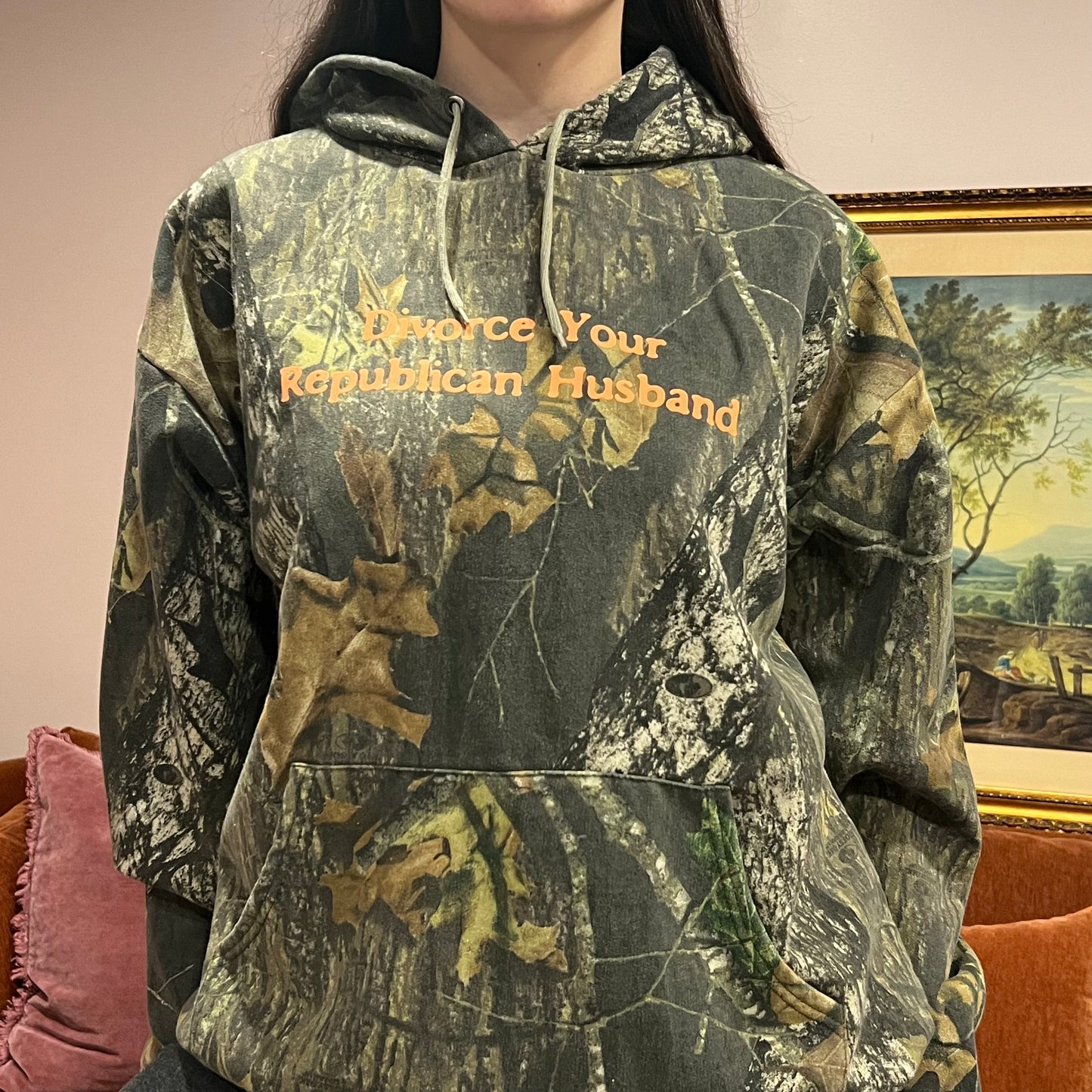 DIVORCE YOUR REPUBLICAN HUSBAND camo hoodie with orange text (XL)