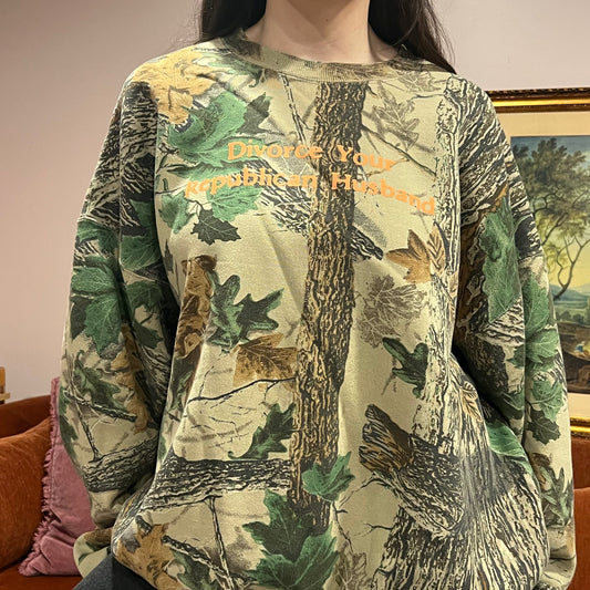 DIVORCE YOUR REPUBLICAN HUSBAND camo crewneck with orange text (3XL)