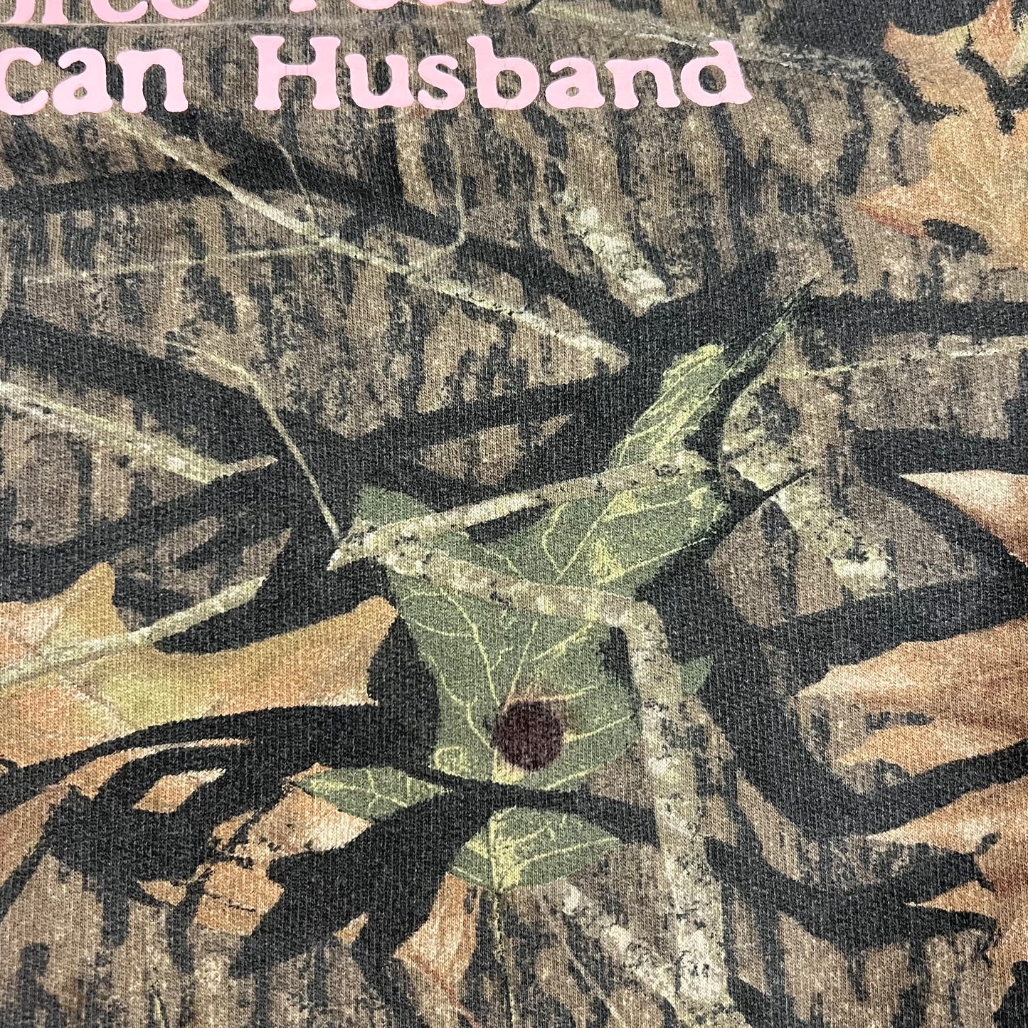 DIVORCE YOUR REPUBLICAN HUSBAND camo crewneck with pink text (M)