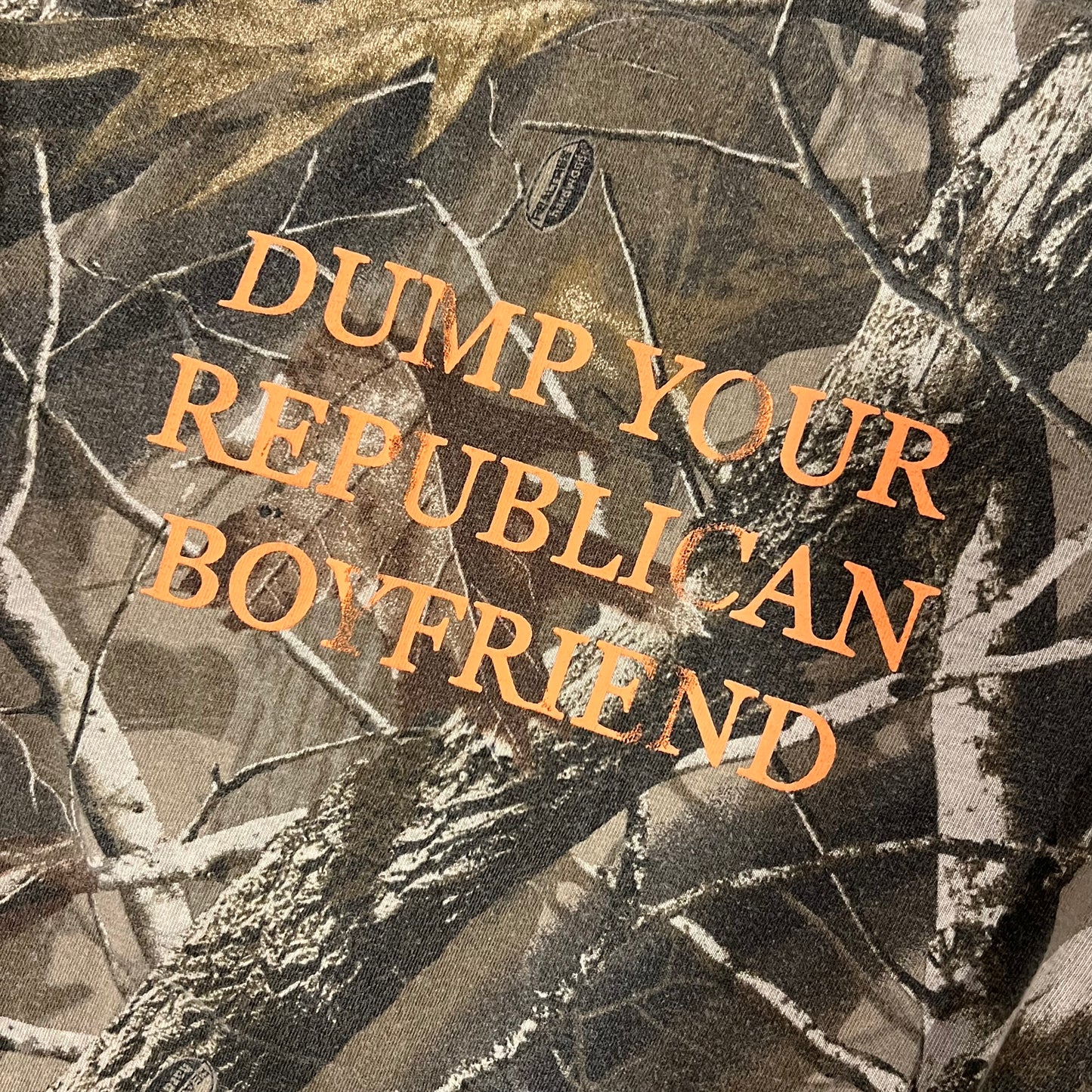 DUMP YOUR REPUBLICAN BOYFRIEND camo t-shirt with orange text (L)