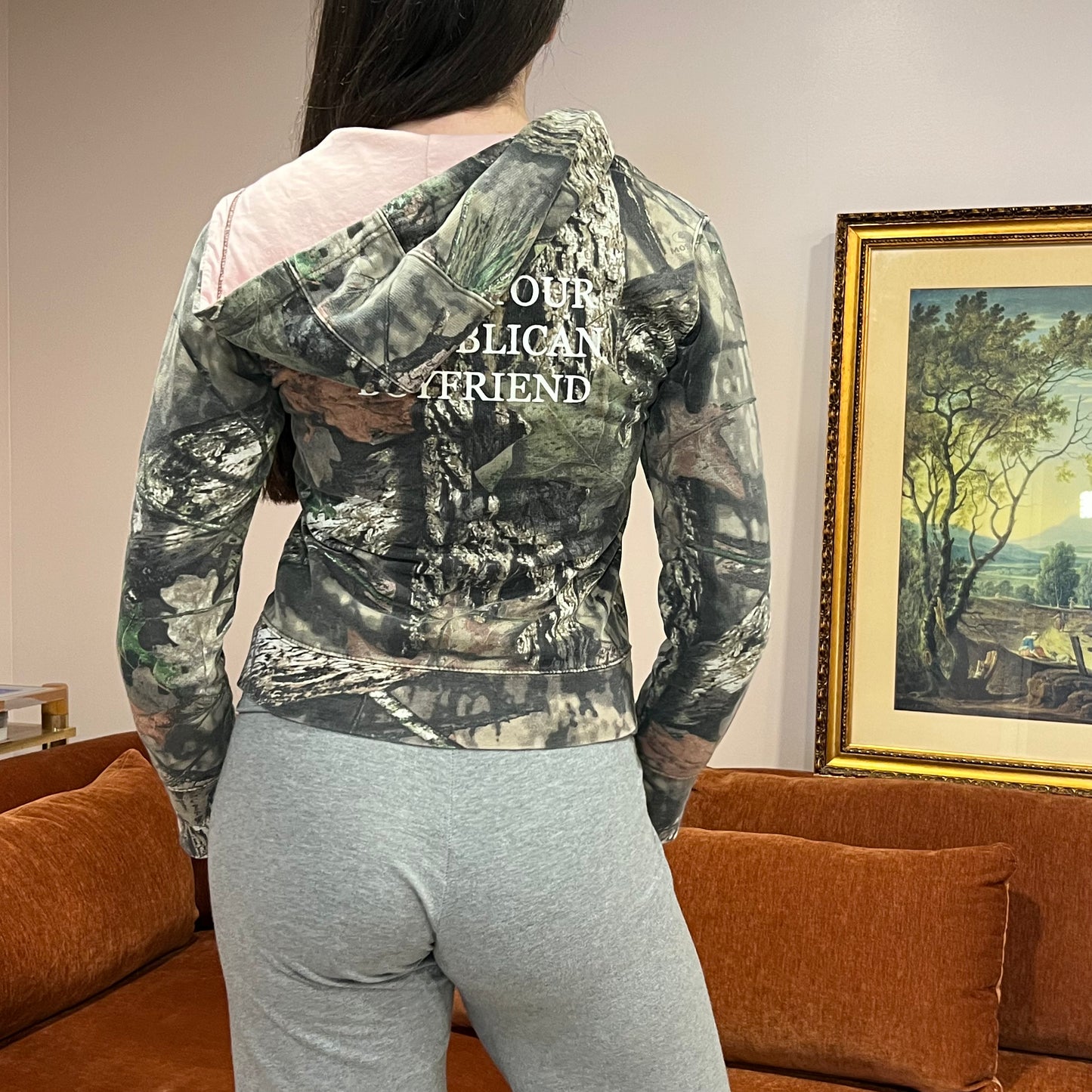 DUMP YOUR REPUBLICAN BOYFRIEND camo jacket with white text (XS)