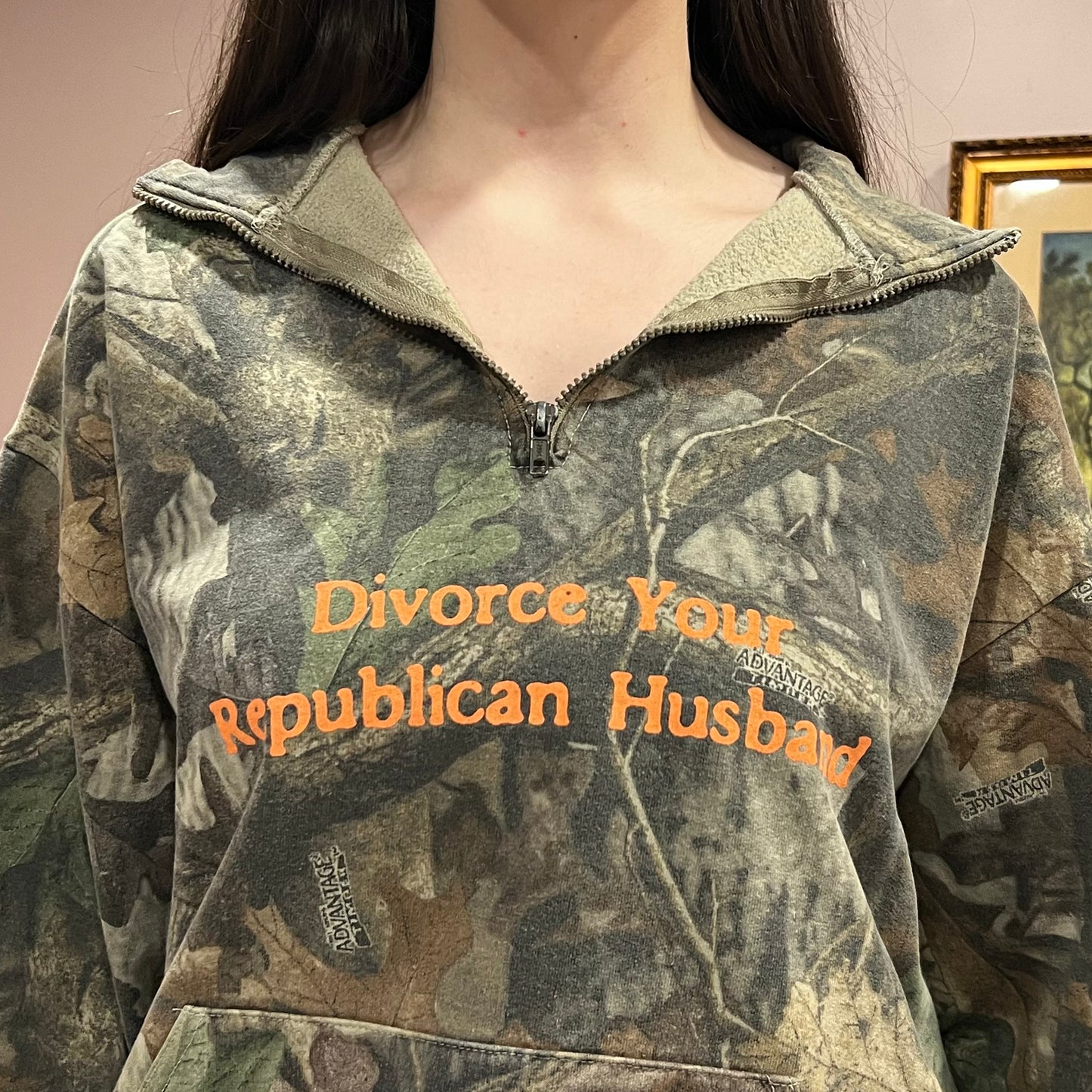 DIVORCE YOUR REPUBLICAN HUSBAND camo zip-up with orange text (XL)
