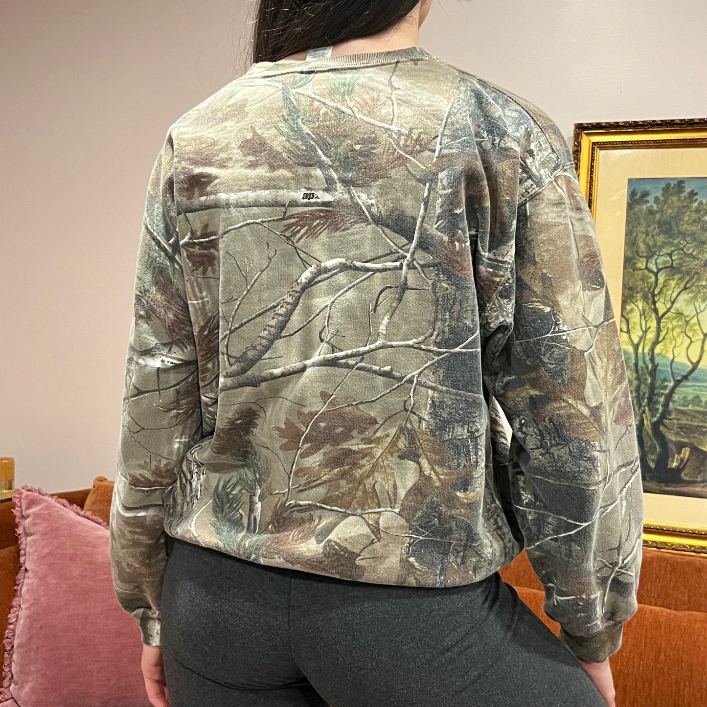 DUMP YOUR REPUBLICAN BOYFRIEND camo crewneck with orange text (M)