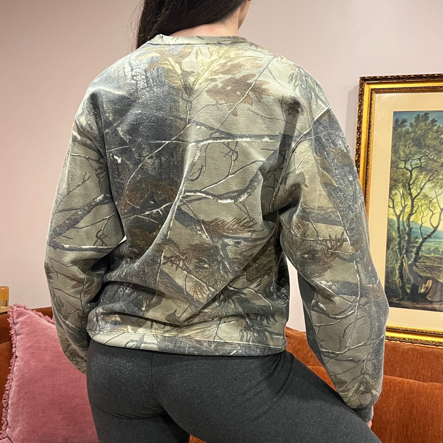 DUMP YOUR REPUBLICAN BOYFRIEND camo crewneck with pink text (M)