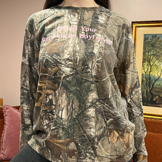 DUMP YOUR REPUBLICAN BOYFRIEND camo long sleeve t-shirt with pink text (L)