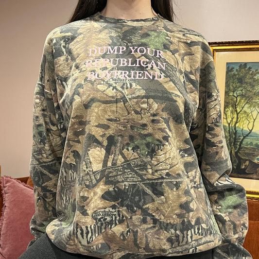 DUMP YOUR REPUBLICAN BOYFRIEND camo crewneck with pink text (XL)