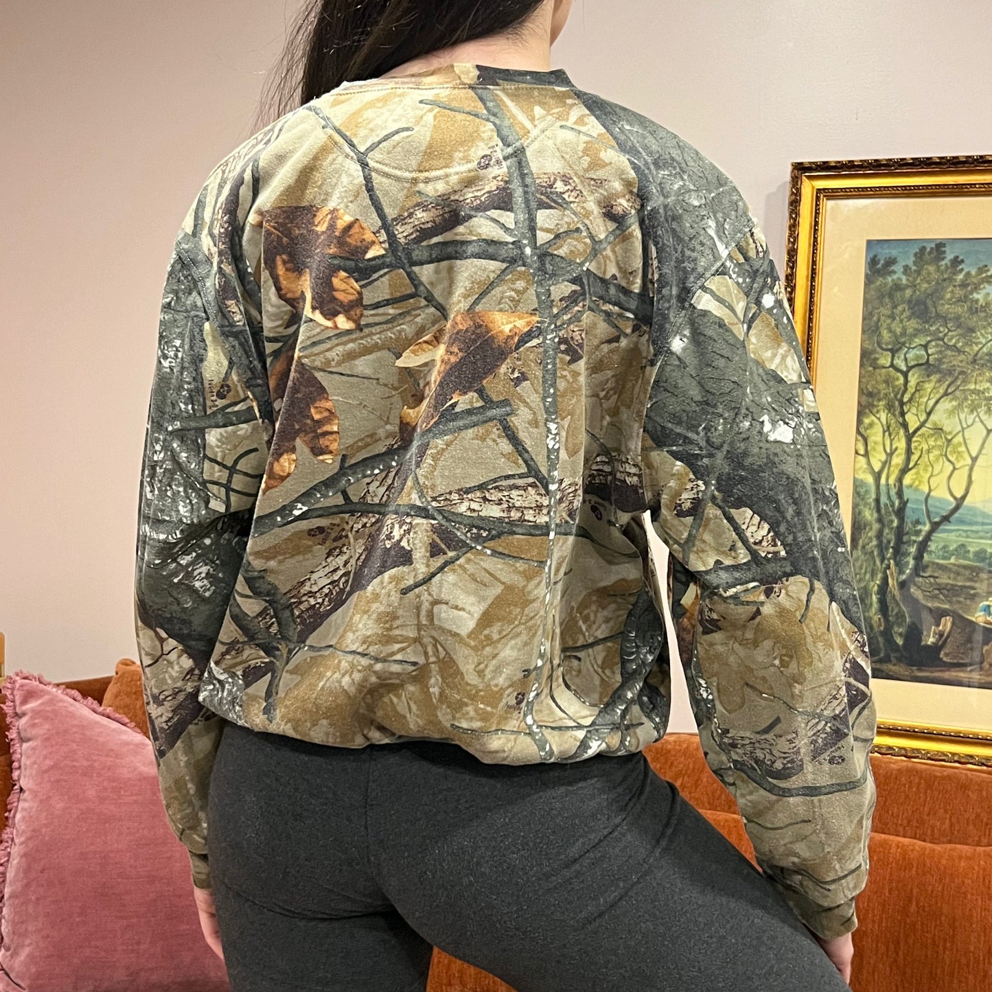 DUMP YOUR REPUBLICAN BOYFRIEND camo crewneck with pink text (M)