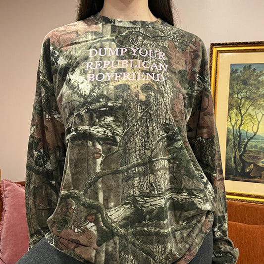 DUMP YOUR REPUBLICAN BOYFRIEND camo long sleeve t-shirt with pink text (XL)