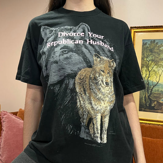 DIVORCE YOUR REPUBLICAN HUSBAND animal t-shirt with pink text (XL)