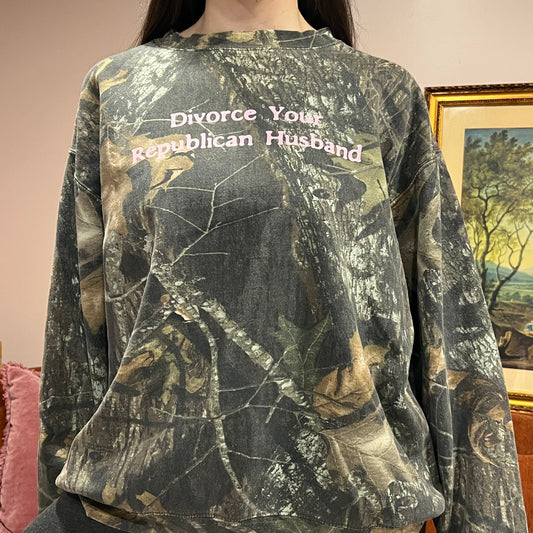 DIVORCE YOUR REPUBLICAN HUSBAND camo crewneck with pink text (2XL)