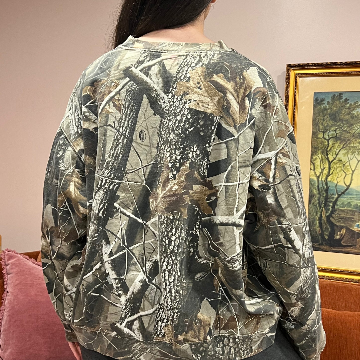 DIVORCE YOUR REPUBLICAN HUSBAND camo crewneck with pink text (2XL)