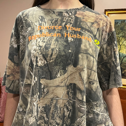 DIVORCE YOUR REPUBLICAN HUSBAND camo t-shirt with orange text (2XL)