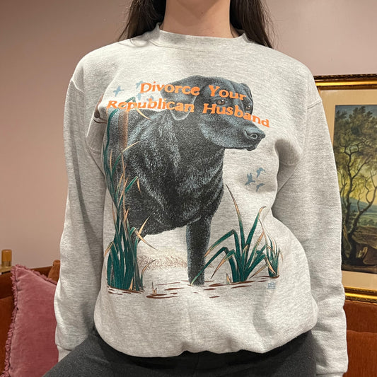 DIVORCE YOUR REPUBLICAN HUSBAND animal crewneck with orange text (M)