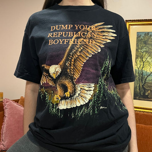 DUMP YOUR REPUBLICAN BOYFRIEND animal t-shirt with orange text (L)