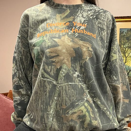 DIVORCE YOUR REPUBLICAN HUSBAND camo crewneck with orange text (XL)