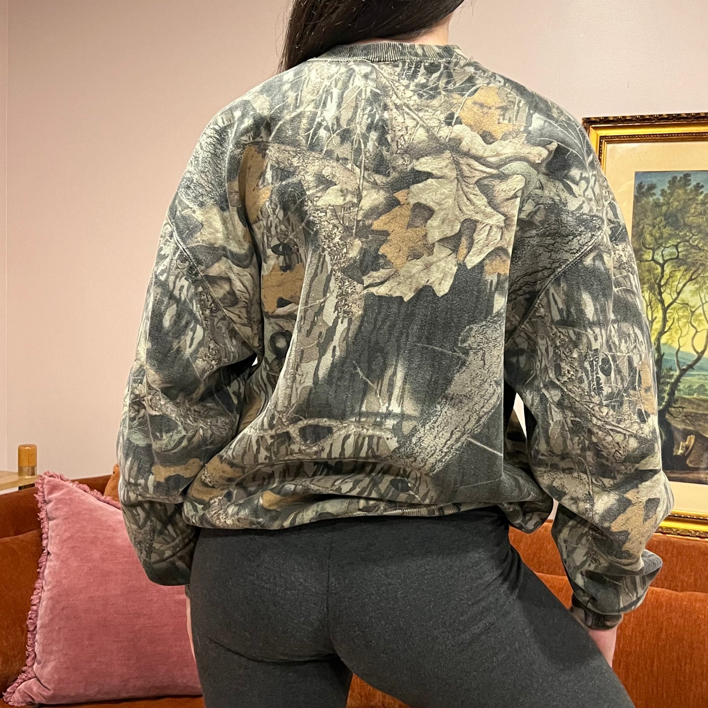 DIVORCE YOUR REPUBLICAN HUSBAND camo crewneck with orange text (L)