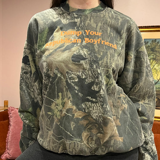 DUMP YOUR REPUBLICAN BOYFRIEND camo crewneck with orange text (L)