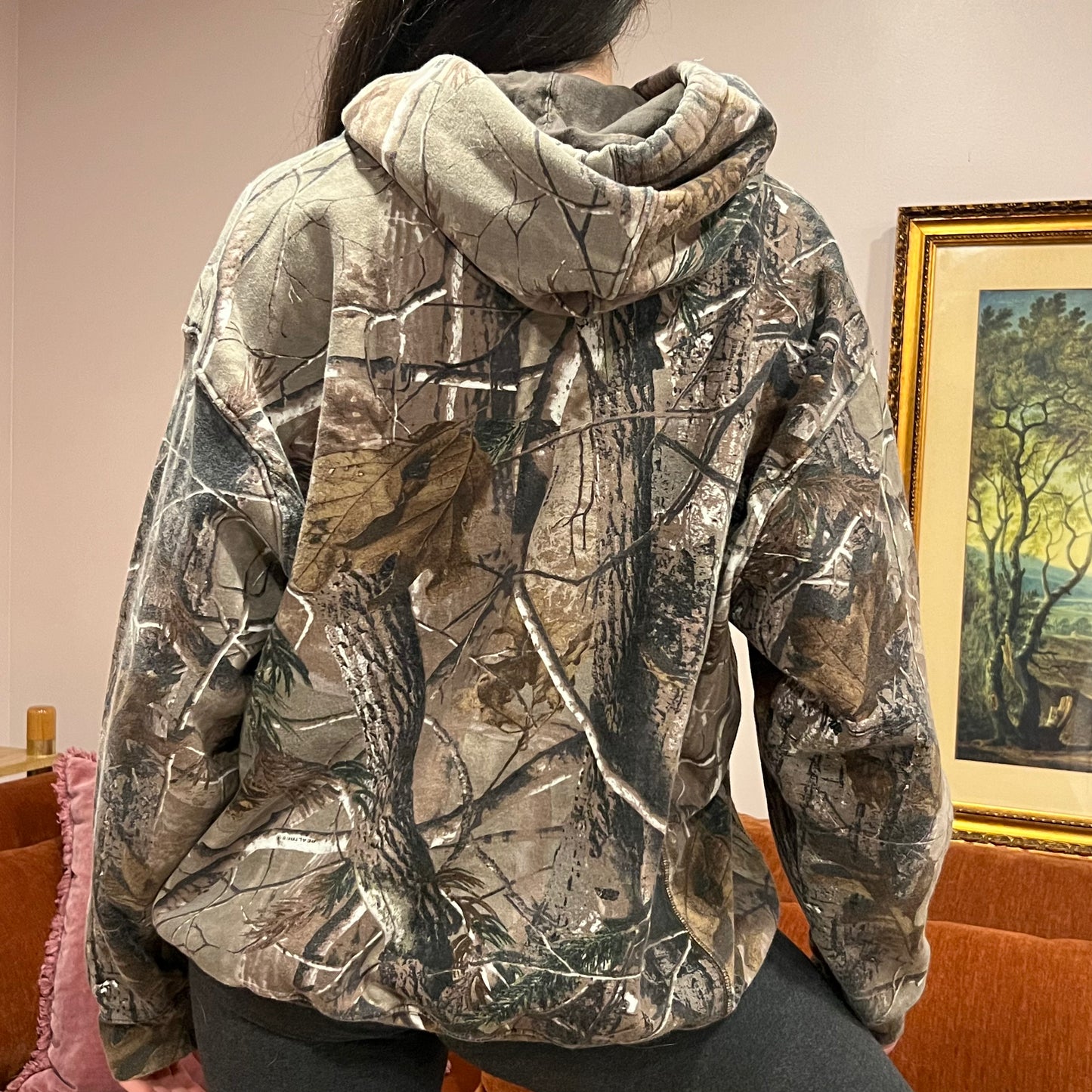 DUMP YOUR REPUBLICAN BOYFRIEND camo hoodie with orange text (XL)