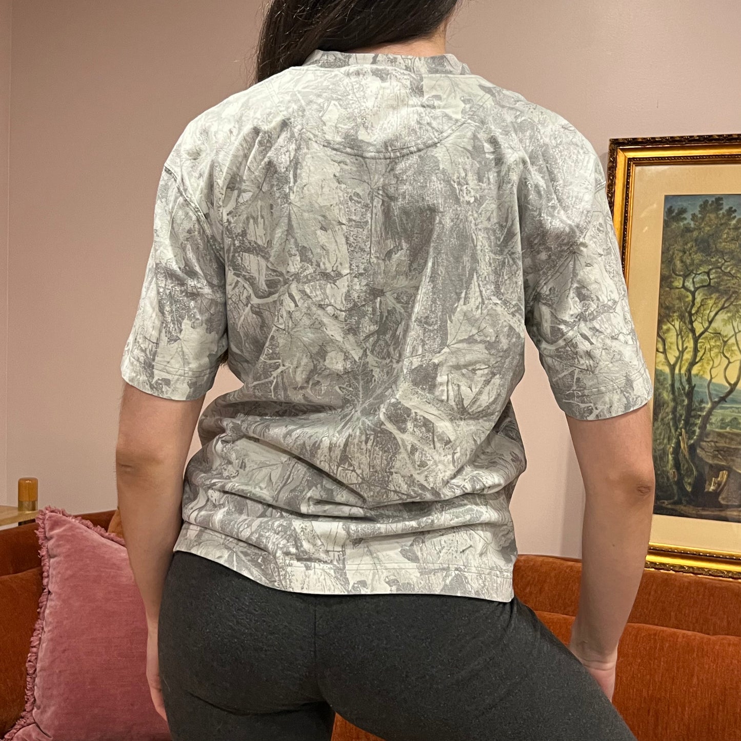 DUMP YOUR REPUBLICAN BOYFRIEND white camo t-shirt with orange text (S)