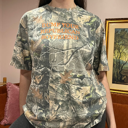 DUMP YOUR REPUBLICAN BOYFRIEND camo t-shirt with orange text (M)