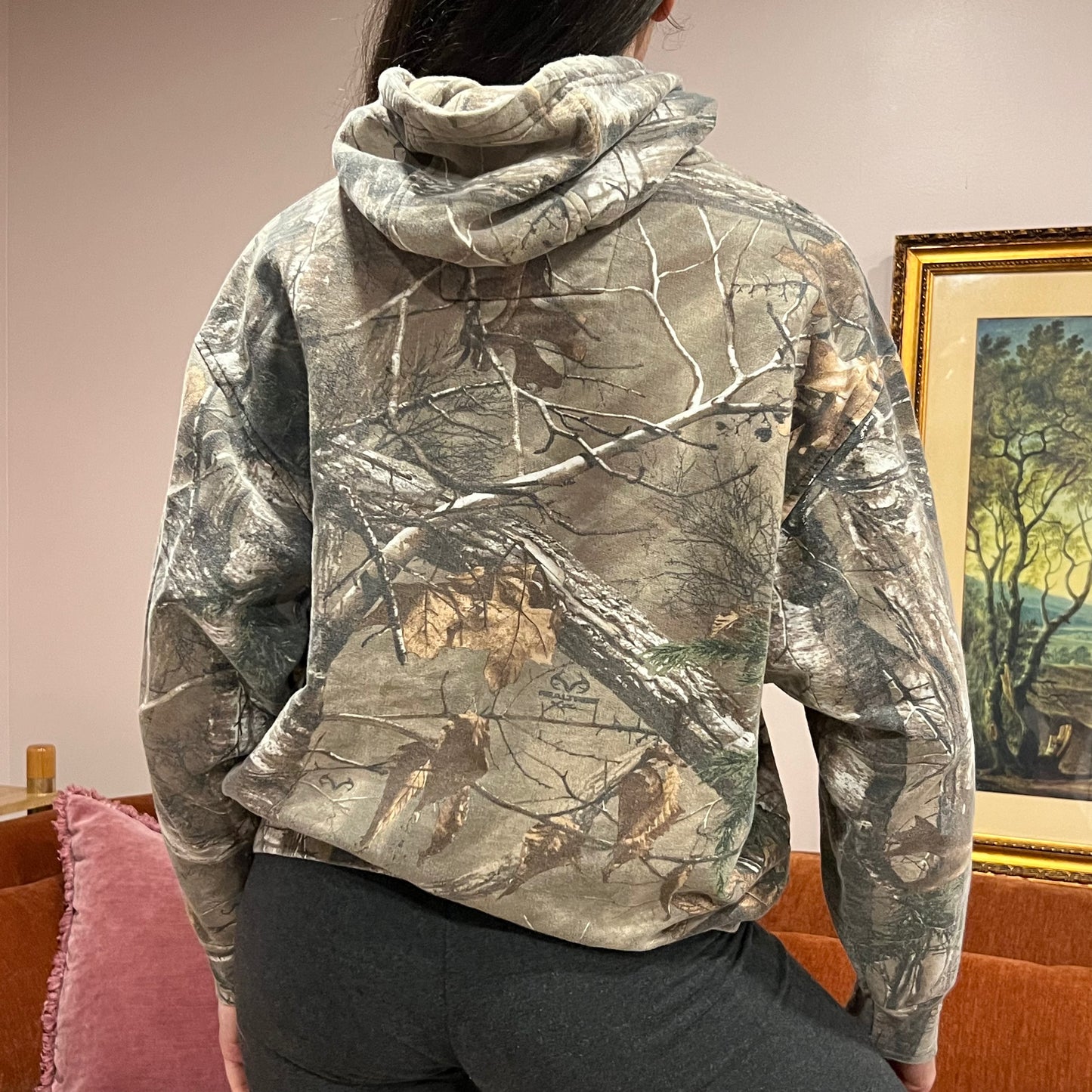 DUMP YOUR REPUBLICAN BOYFRIEND camo hoodie with orange text (M)
