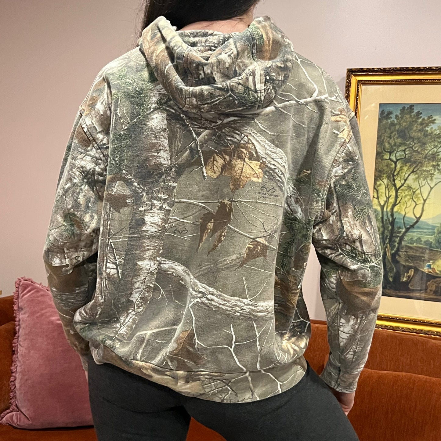 DUMP YOUR REPUBLICAN BOYFRIEND camo hoodie with pink text (L)