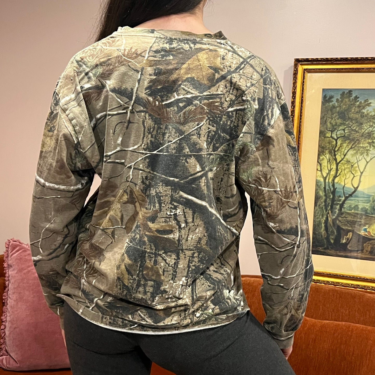 DUMP YOUR REPUBLICAN BOYFRIEND camo long sleeve t-shirt with pink text (L)