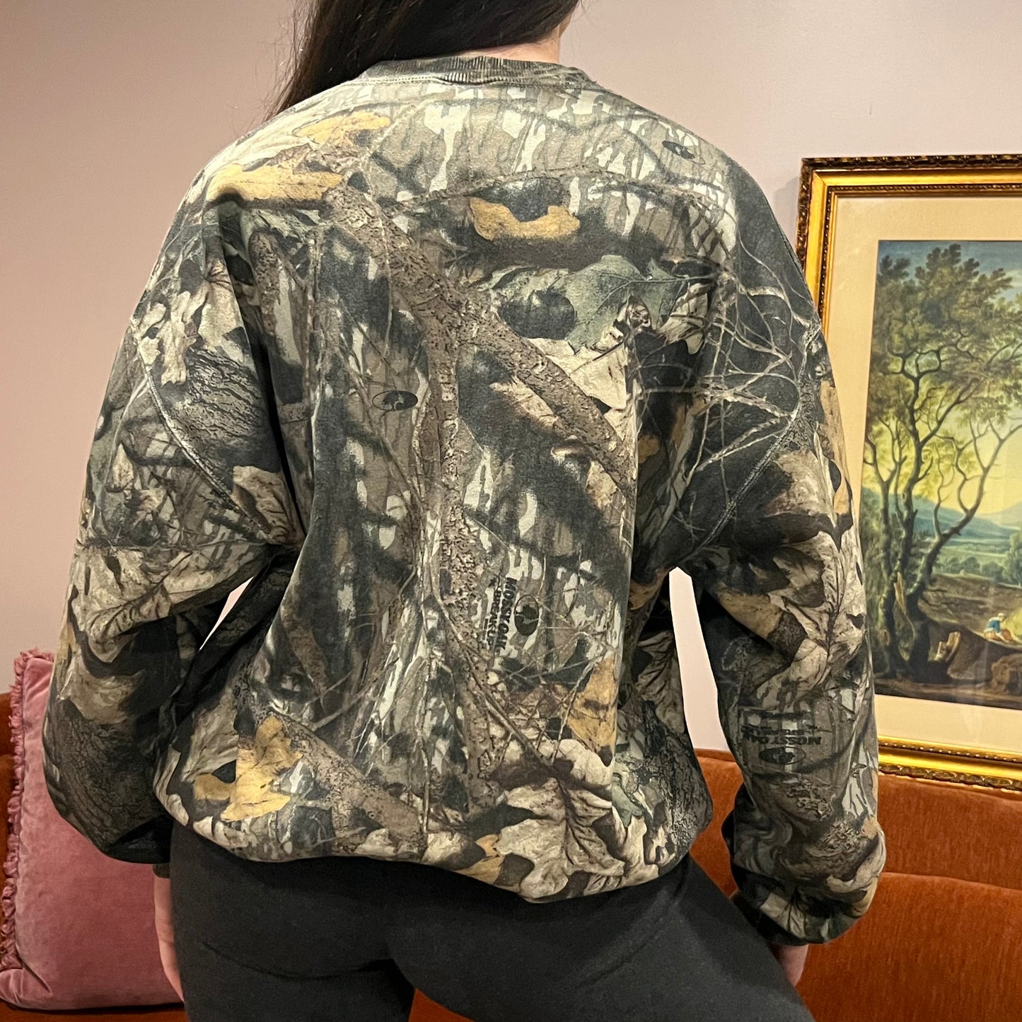 DUMP YOUR REPUBLICAN BOYFRIEND camo crewneck with pink text (XL)