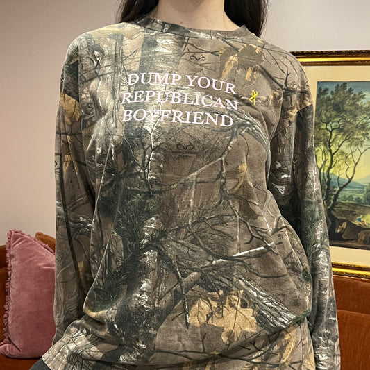 DUMP YOUR REPUBLICAN BOYFRIEND camo long sleeve t-shirt with pink text (XL)
